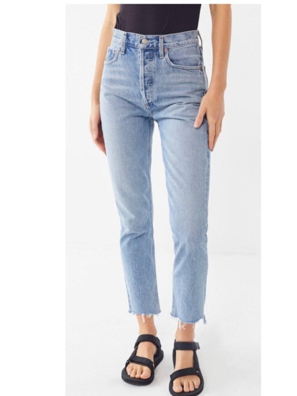 AGOLDE Riley Crop Jeans Size 25 Light Wash High Rise Straight Leg Raw Hem Denim